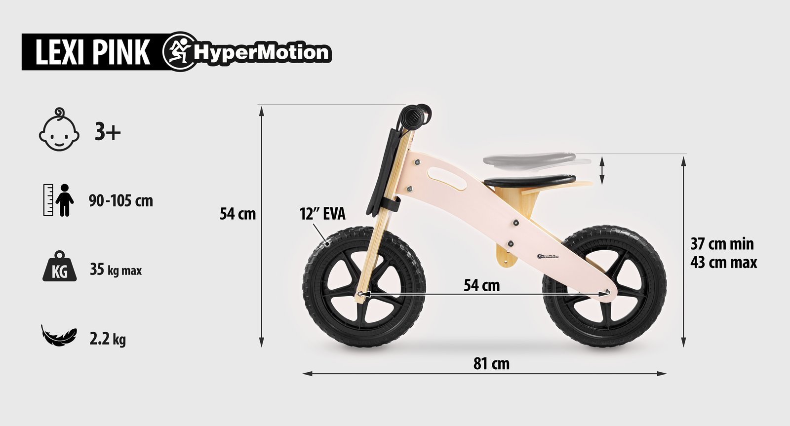 Lekki rower biegowy dla dzieci 2+ HyperMotion LEXI