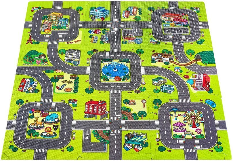 Lernschaum-Puzzlematte 90 x 90 x 1cm mit Rand - EVA-Schaum - Muster: Stadt, Straßen
