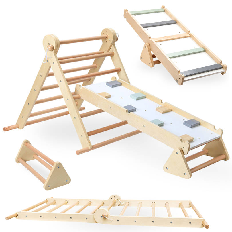 Selbstgebauter Kinderspielplatz aus Holz - Leiter + Kletterwand + Balancierbalken - Pikler-Dreieck