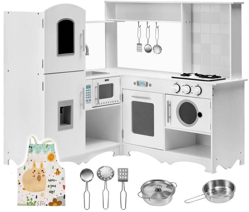 XXXL Holz-Eckküche mit Kühlschrank, Backofen, Waschmaschine, Schürze und Zubehör
