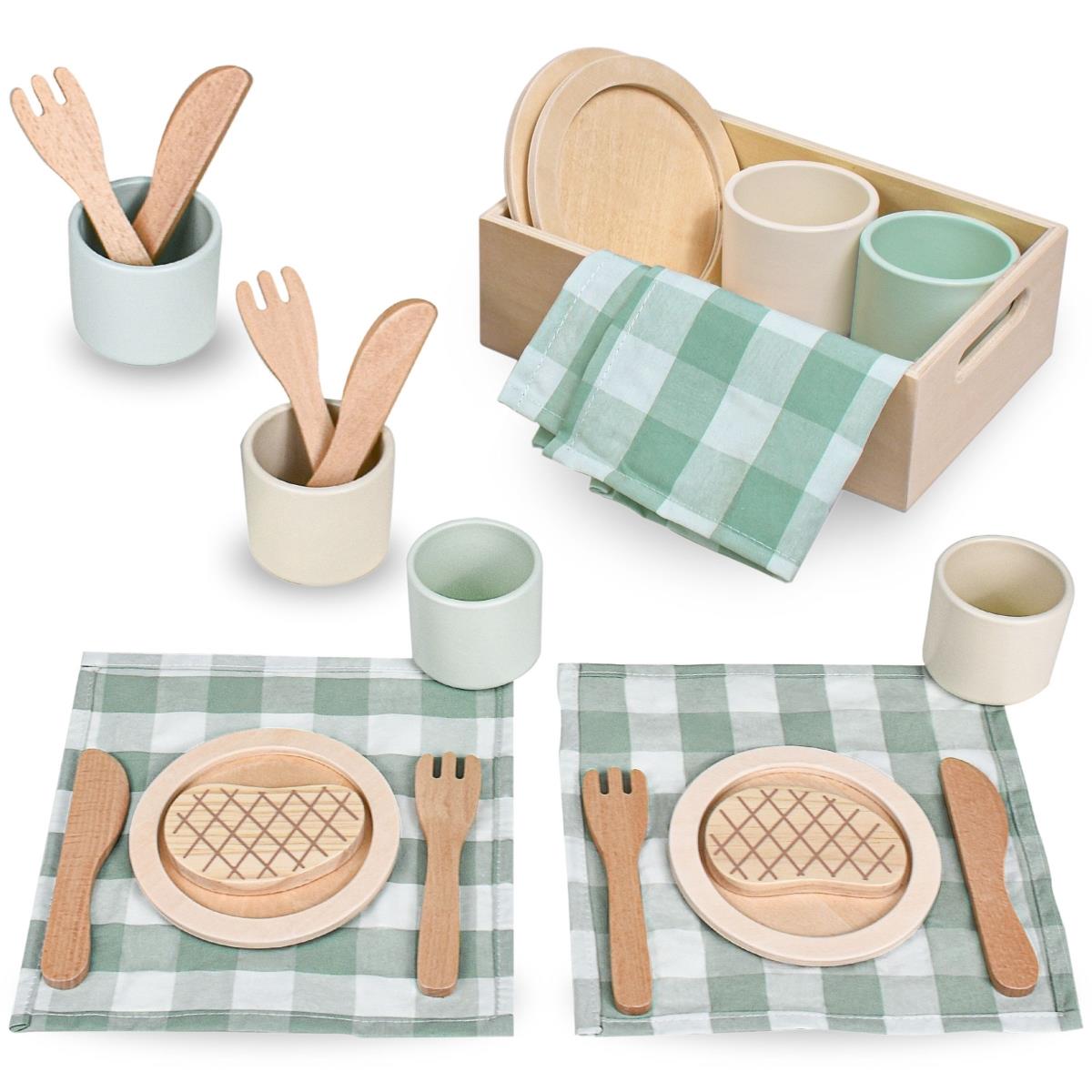 Kinder-Lunch-Set aus Holz mit grünen Tischsets