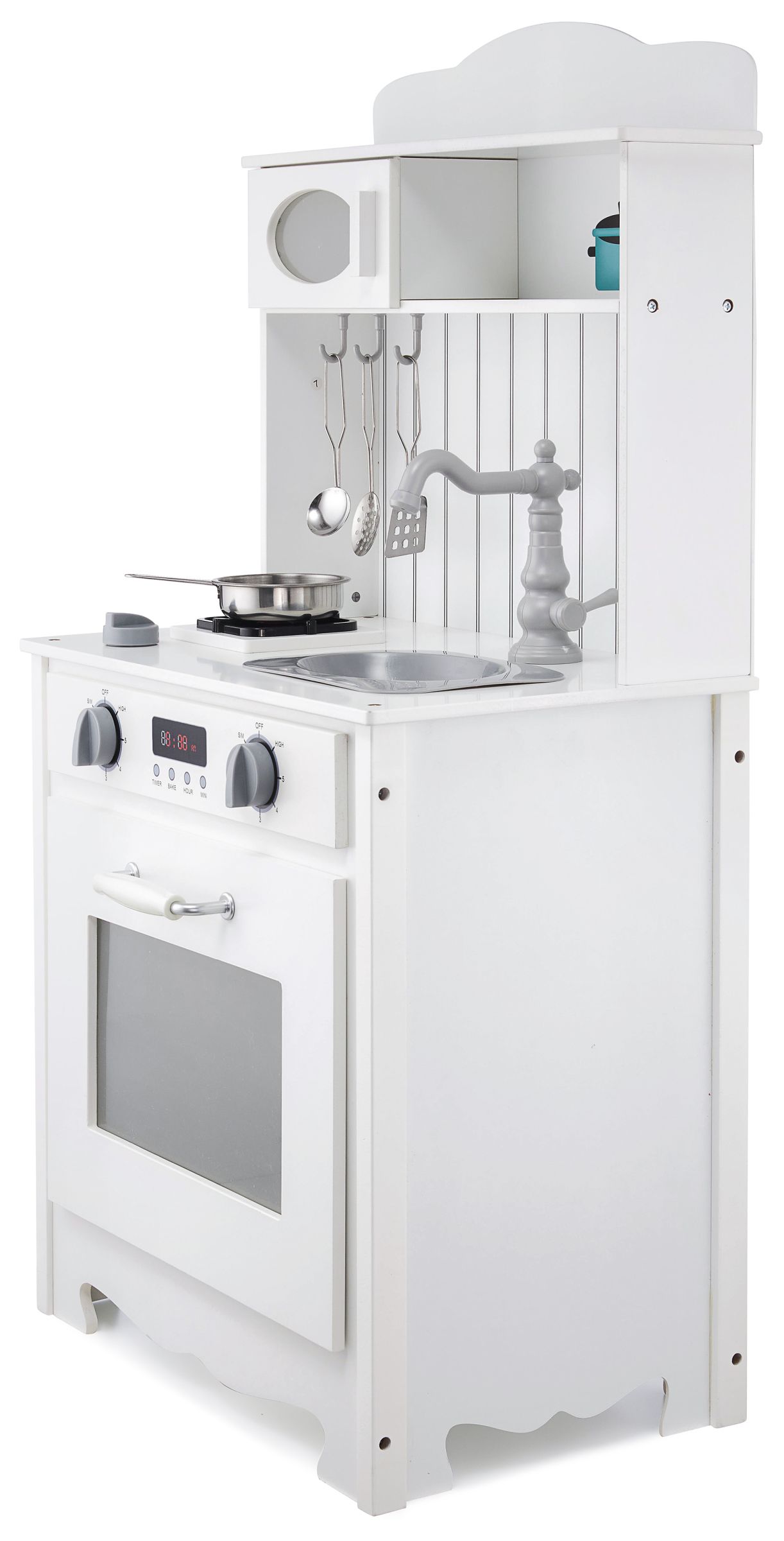 Weiße Holzküche mit Schürze, Zubehör und LED-Lampe