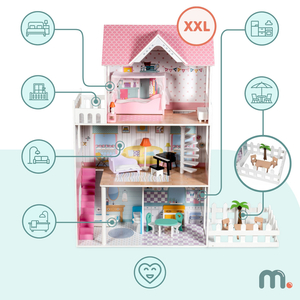 XXL Größtes Holzpuppenhaus - 123 cm - LED-Beleuchtung - Terrasse, Zubehör, Garten