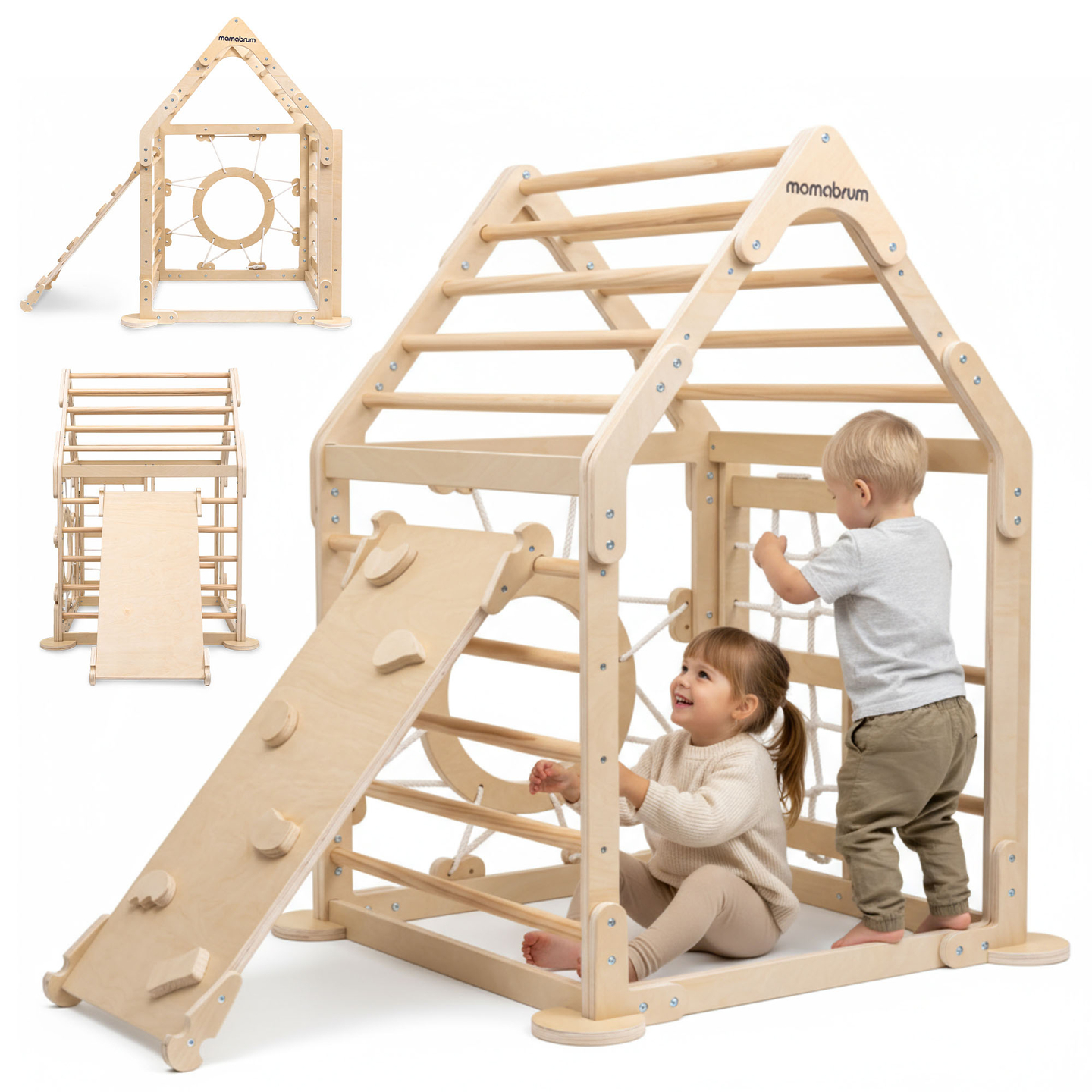 Indoor-Spielplatz aus Holz für Kinder – ein Haus mit Leitern und Rutsche