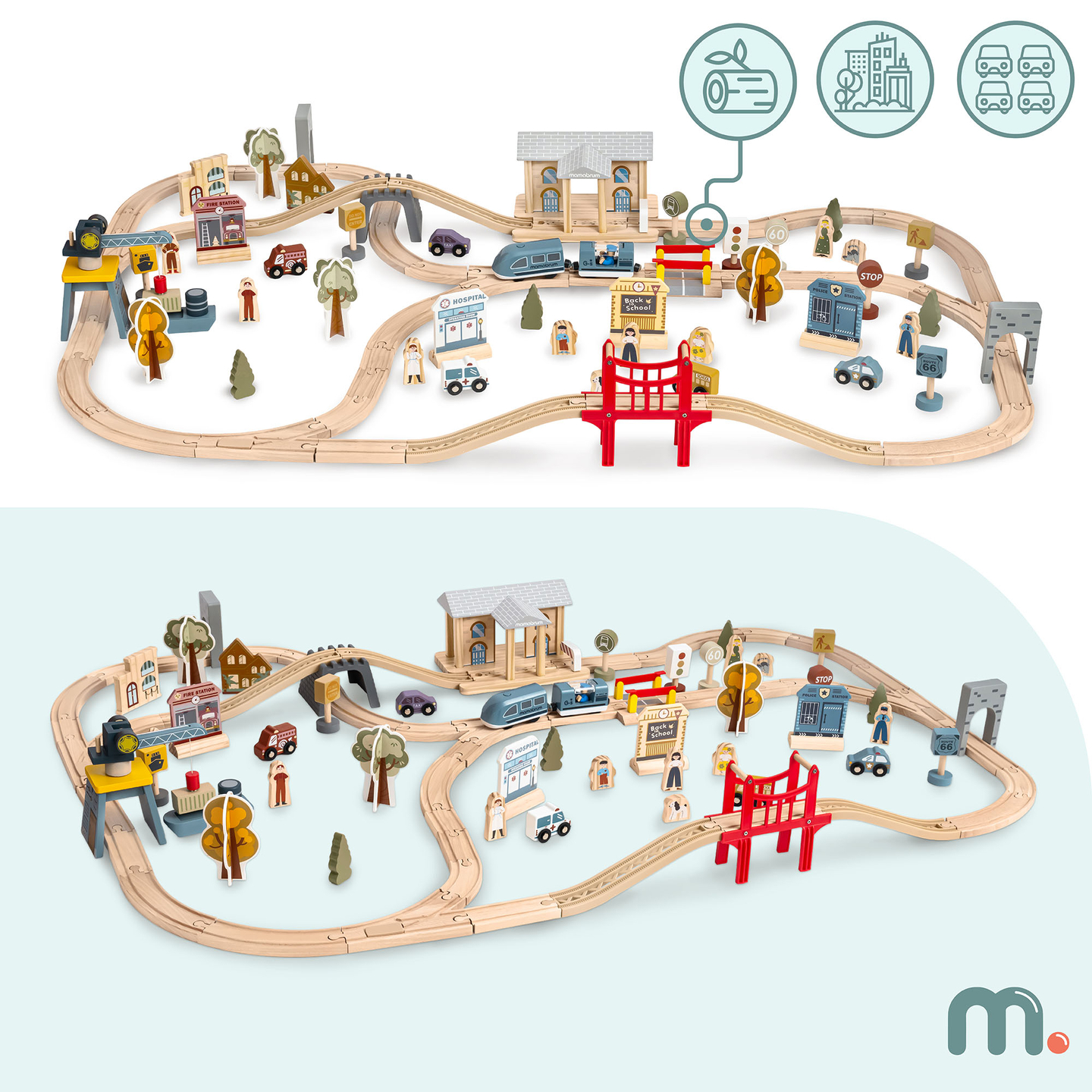 Hölzerne Stadteisenbahn mit elektrischer Lokomotive – beweglicher Kran, Schiff, Brücken