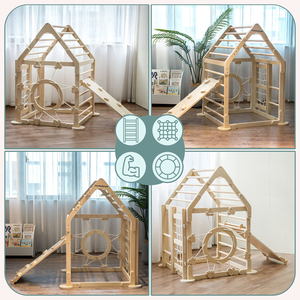 Indoor-Spielplatz aus Holz für Kinder – ein Haus mit Leitern und Rutsche