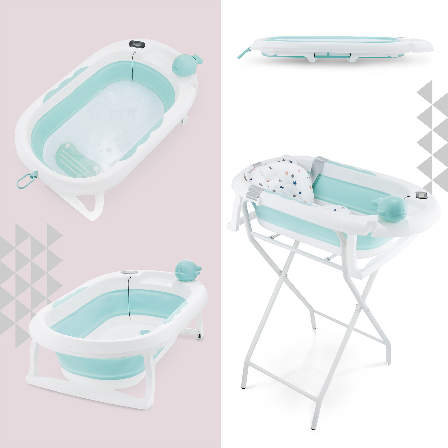 Zusammenklappbare Babybadewanne mit Thermometer, Einsatz und Ständer - mintfarben