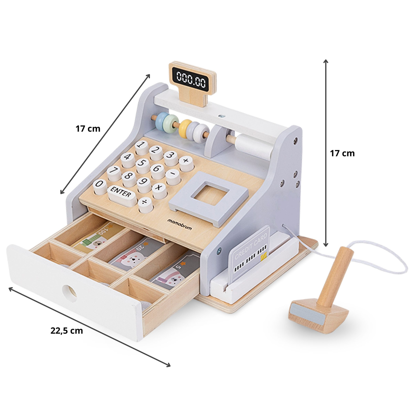 Hölzerne Registrierkasse mit Zubehör