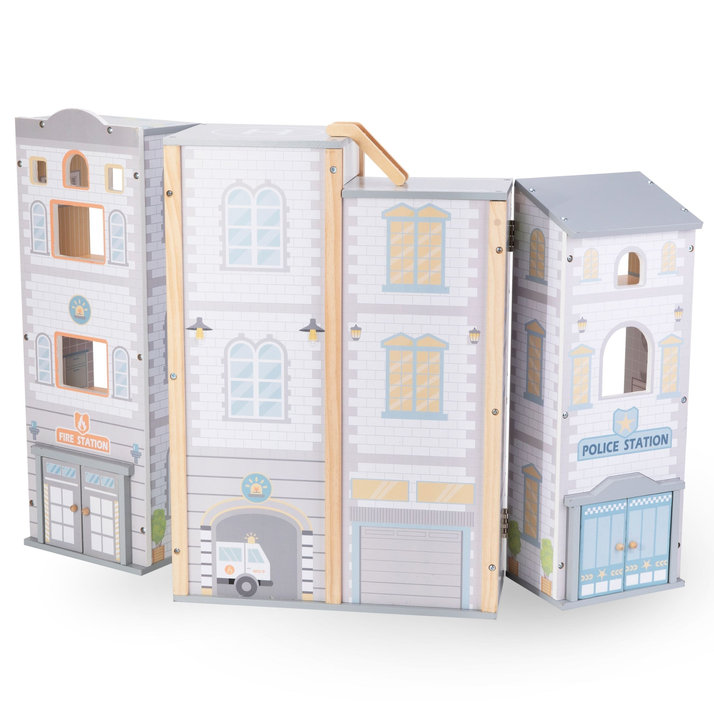 Große klappbare Feuerwache mit Polizeistation - Set aus Holz. Feuerwache und Polizeistation mit Zubehör.