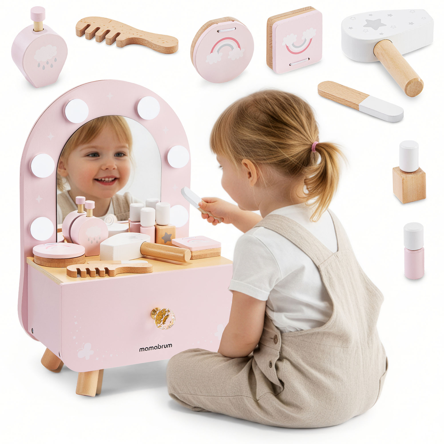 Mini-Schminktisch aus Holz für Kinder mit Accessoires und LED-Beleuchtung mit stufenloser Helligkeitsregulierung
