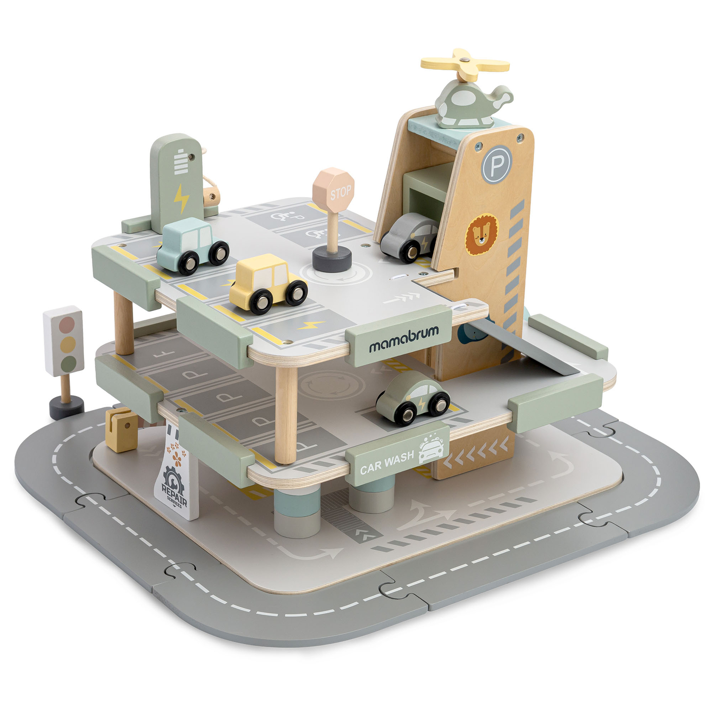 Dreistöckige Holzgarage für Kinder mit Zubehör – Parkplatz, Tankstelle, Autowaschanlage, Hubschrauber