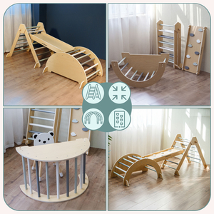 Indoor-Spielplatz aus Holz für Kinder – Kletterwand, Rutsche, Kletterbogen/-wippe und Pikler-Dreieck