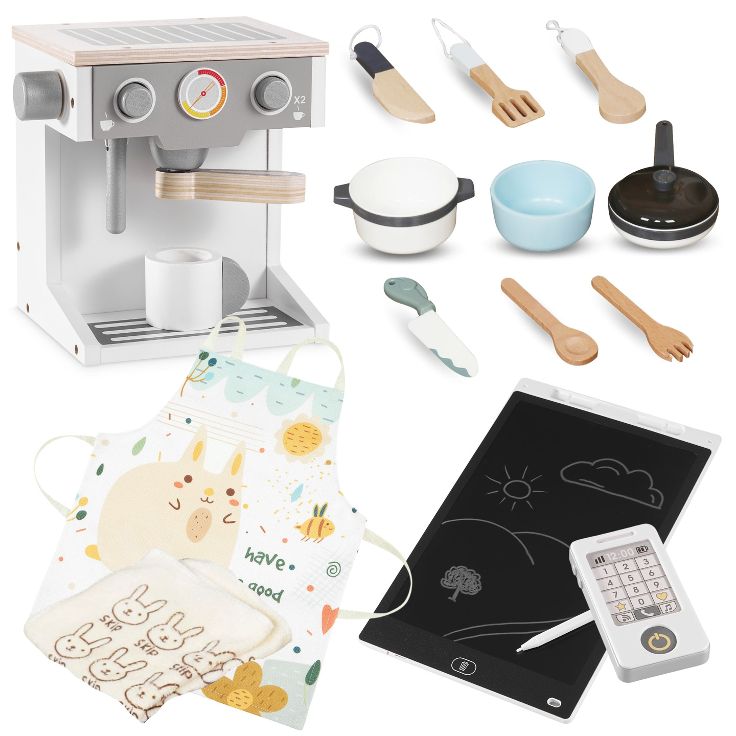 XXXXL große interaktive Holzküche mit LED-Beleuchtung, Waschmaschine, Mikrowelle, Kaffeemaschine und Obst- und Gemüseset - 50 Elemente