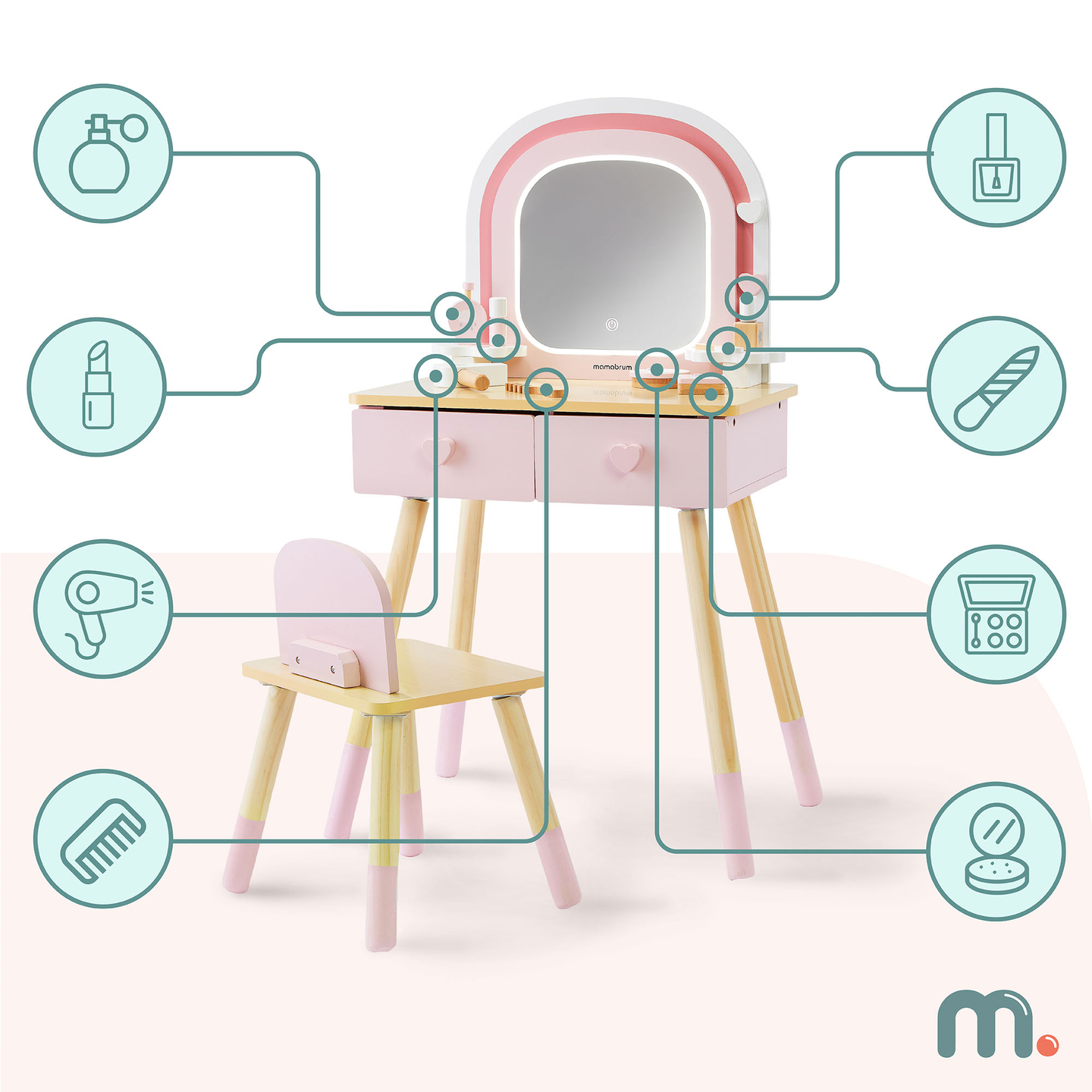 Kinderschminktisch aus Holz mit LED-Beleuchtung und stufenloser Helligkeitsregulierung, Stuhl und Zubehör