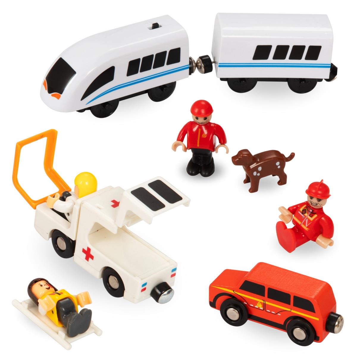 Holzeisenbahn, batteriebetriebener Zug – Feuerwehr, Gleise, Autos, Brücken, Schranke