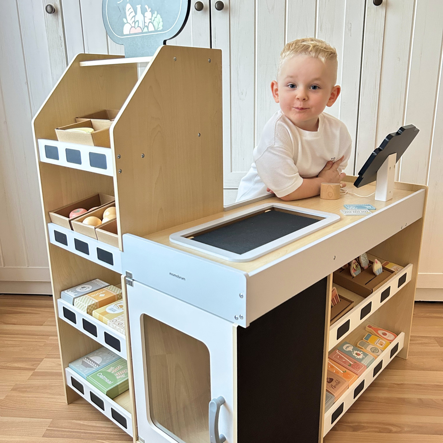 Hölzerner Gemüsemarkt - großer XXL-Stand, Laden mit Spielkasse
