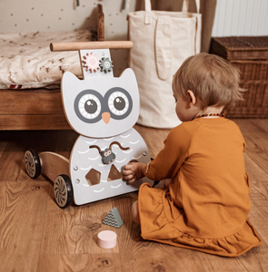 Multifunktionaler Lauflernwagen aus Holz - Schieber - Wagen mit Blöcken - Eule