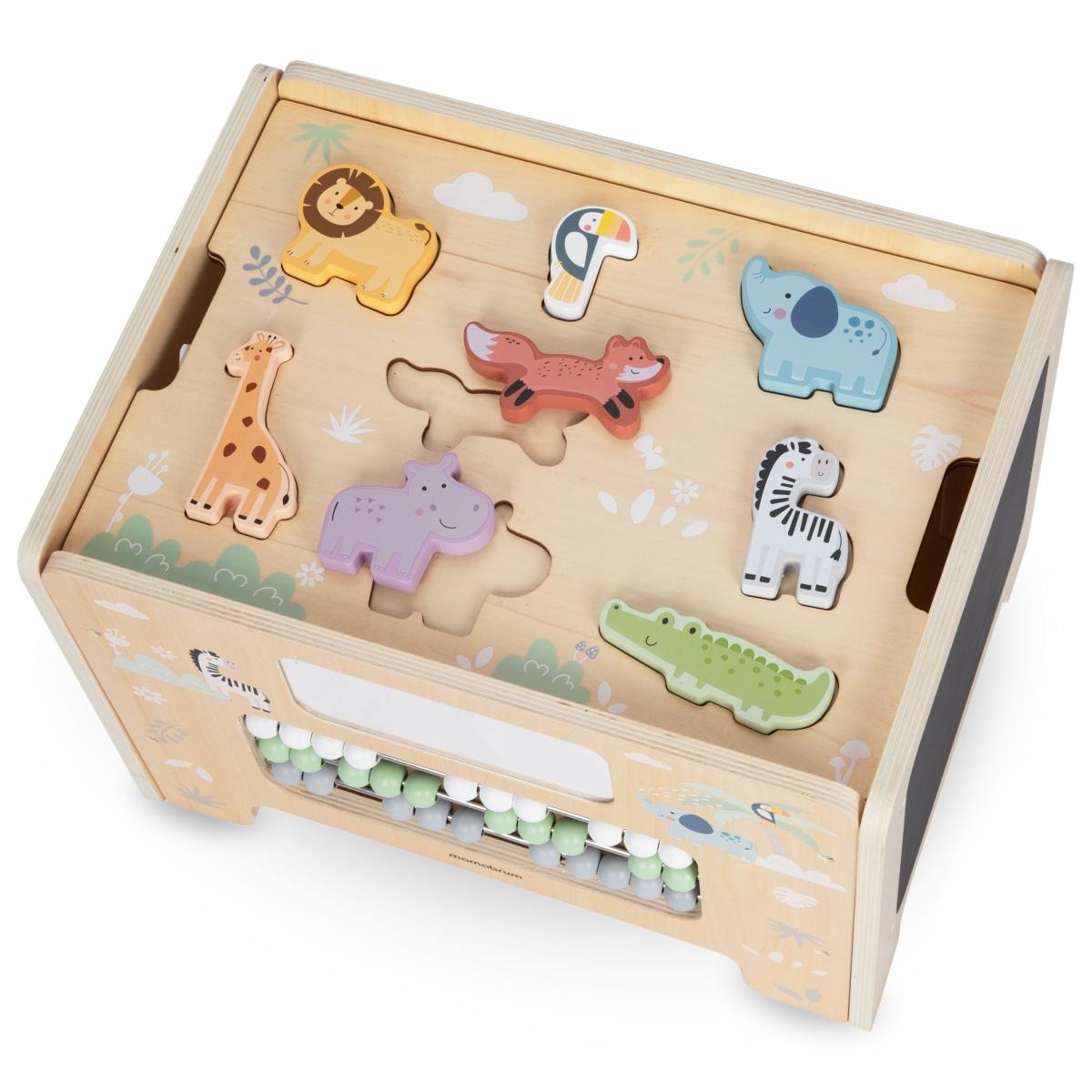 Manipulationskasten aus Holz - Montessori-Tafel mit Tierfiguren und Sitz