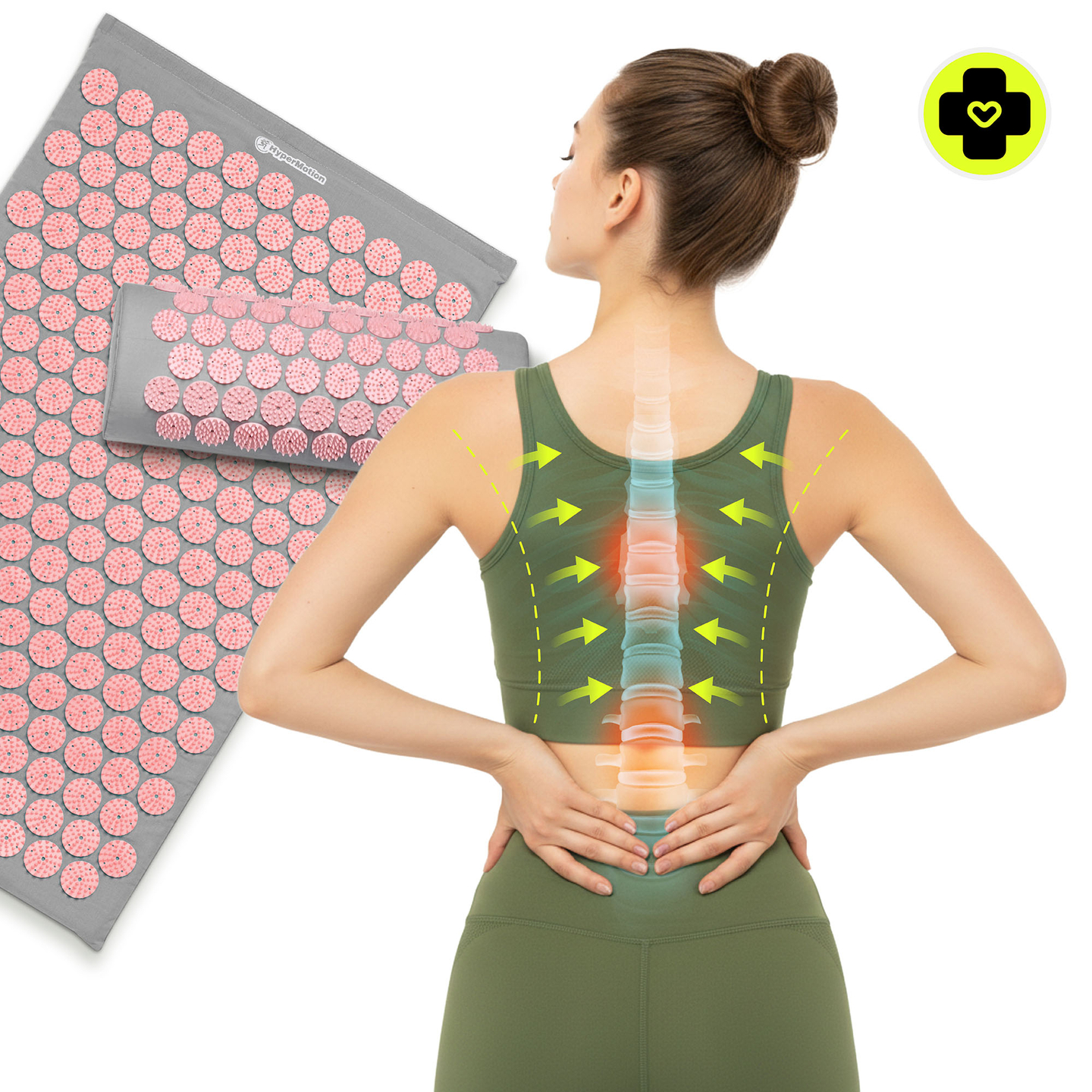 Akupressurmatte mit Kissen und Bezug – 72 cm, HyperMotion, grau und rosa