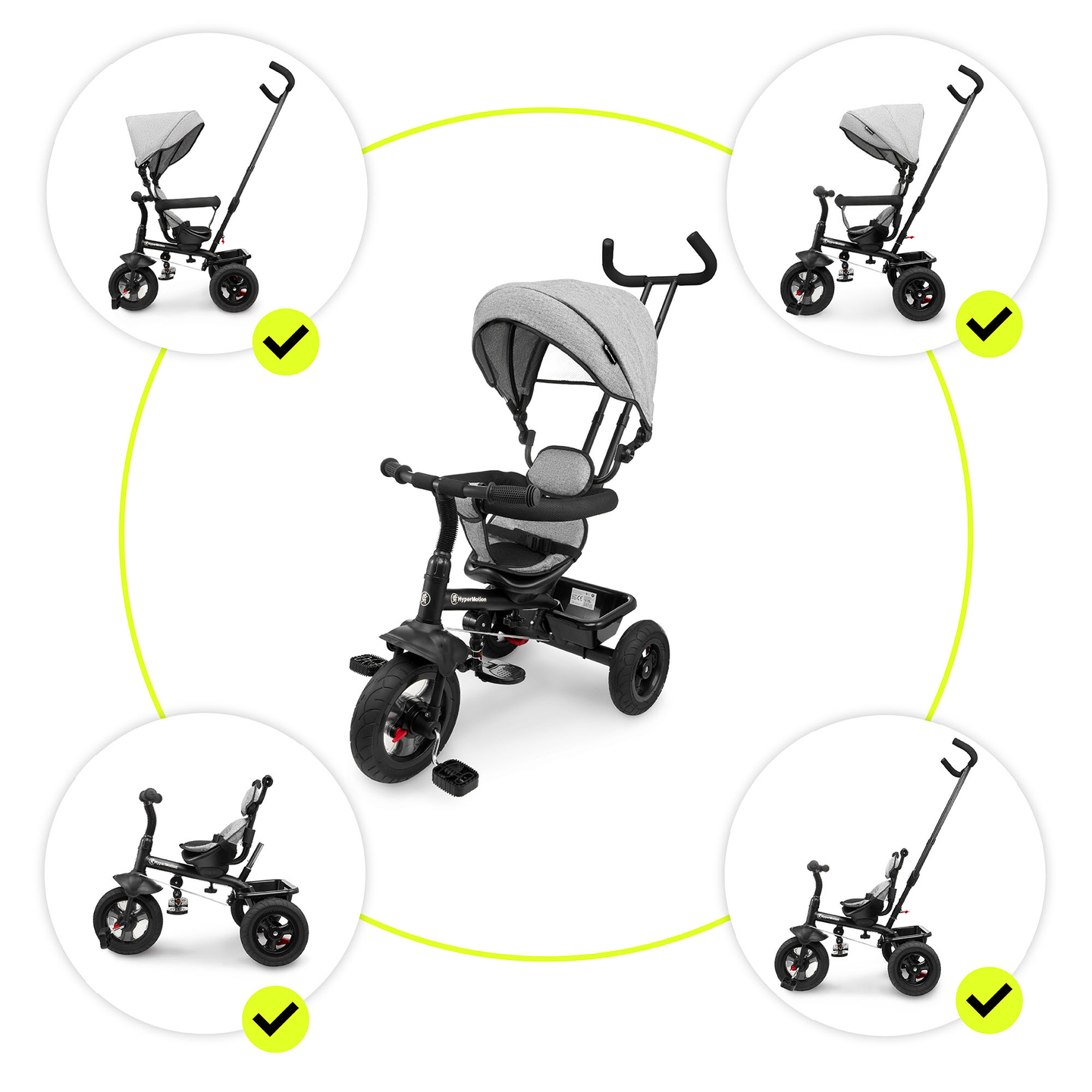 Dreirad für Kinder 1-4 Jahre - TOBI FREY - Farbe grau - drehbar - gepumpte Räder + Schieber