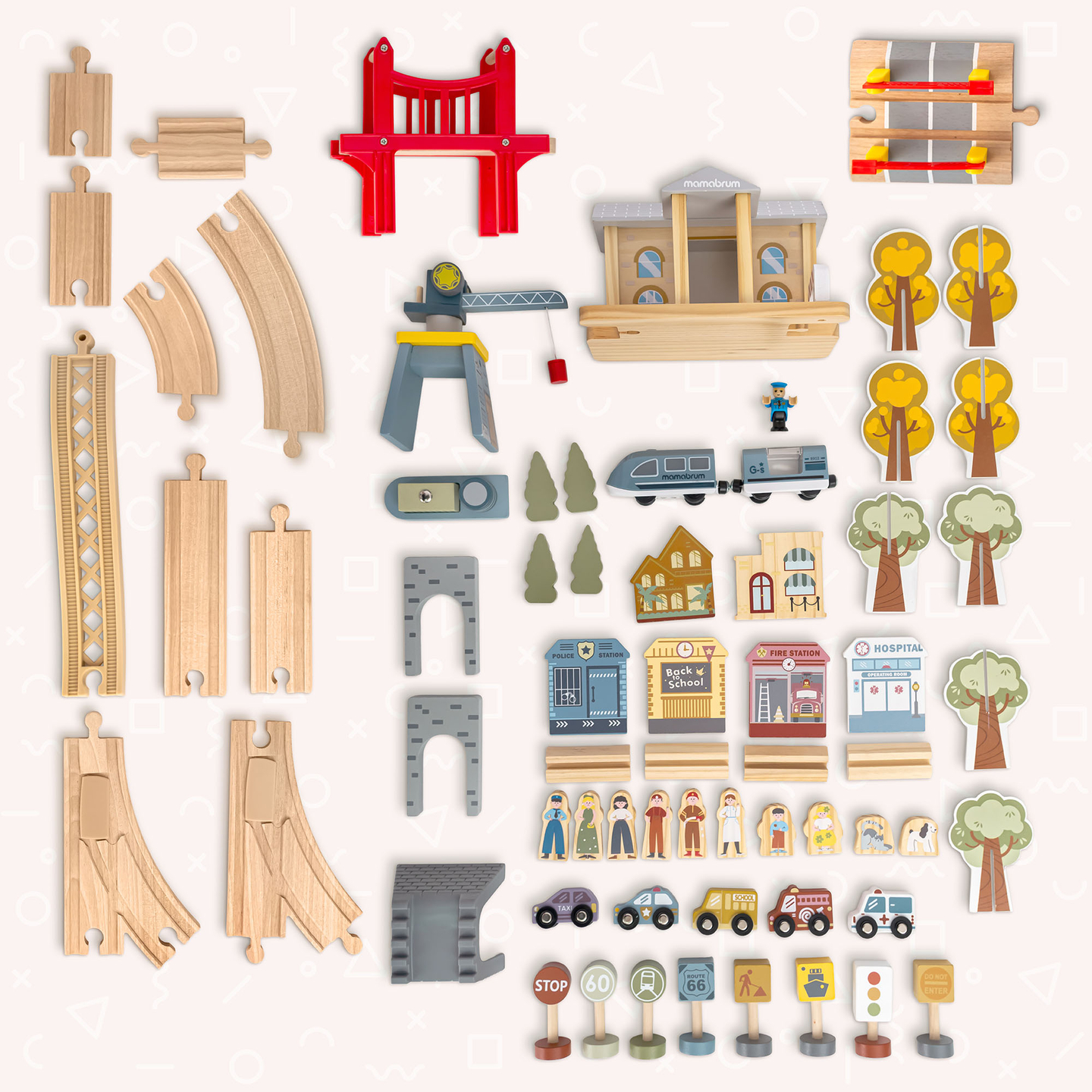 Hölzerne Stadteisenbahn mit elektrischer Lokomotive – beweglicher Kran, Schiff, Brücken