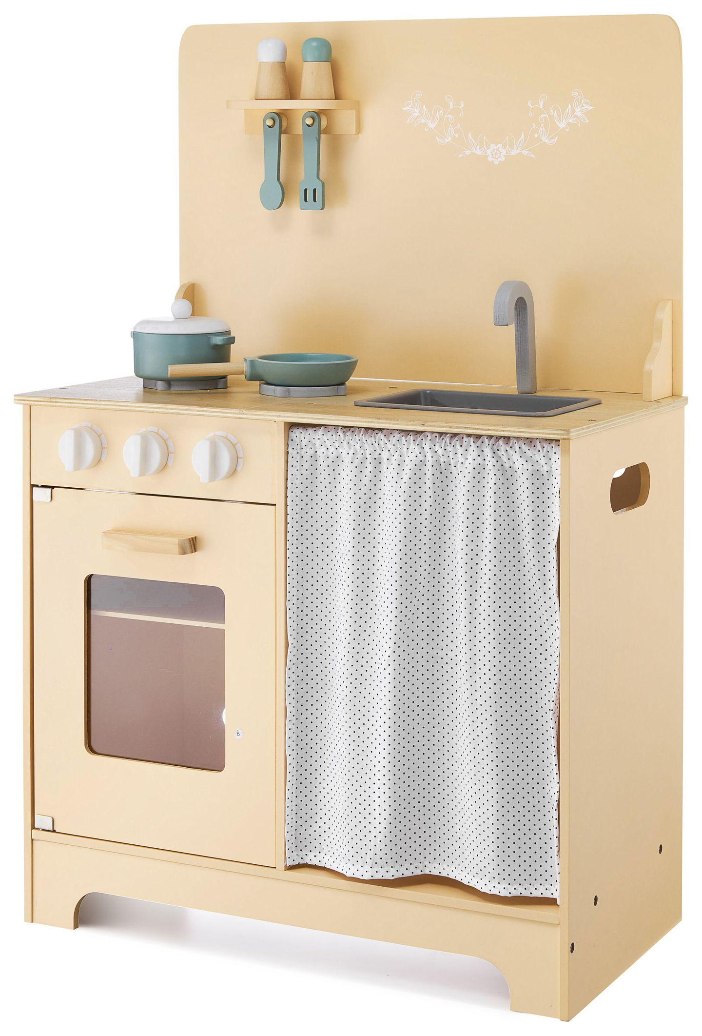 Holzküche mit Schürze, Zubehör und LED-Beleuchtung