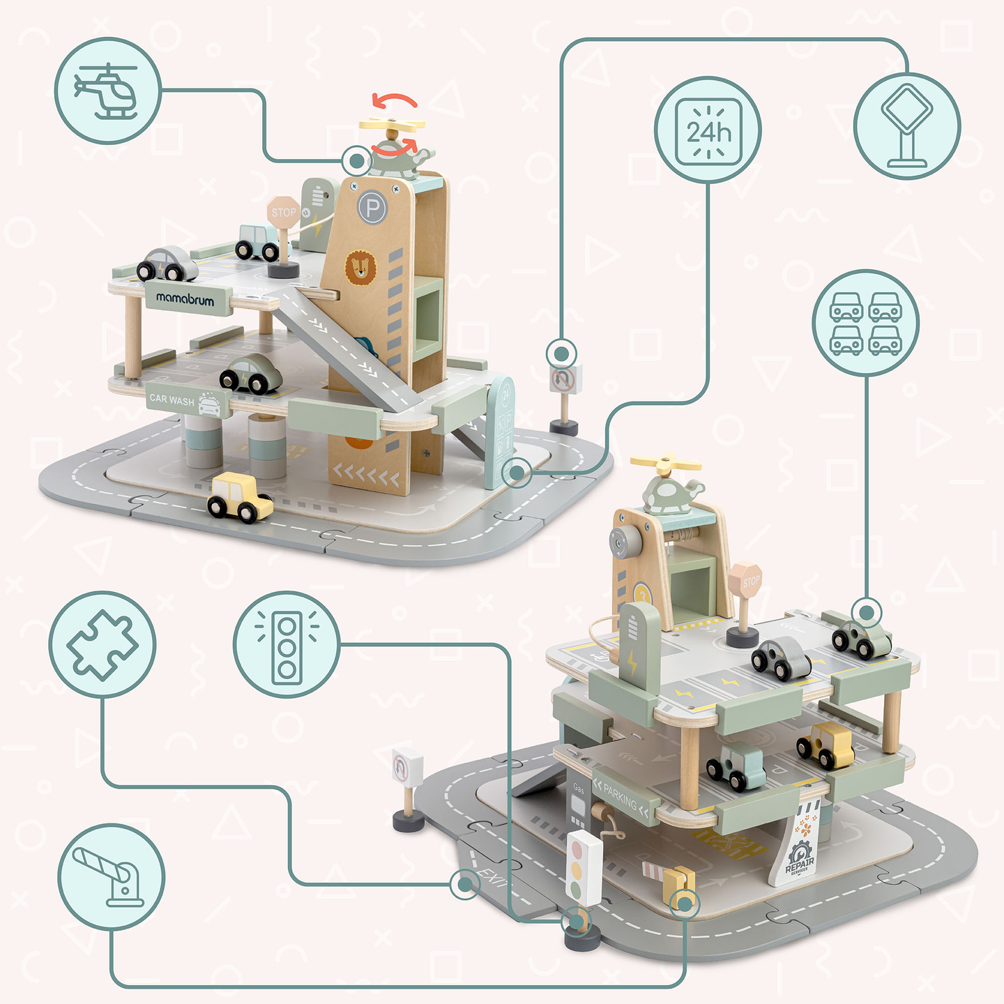 Dreistöckige Holzgarage für Kinder mit Zubehör – Parkplatz, Tankstelle, Autowaschanlage, Hubschrauber
