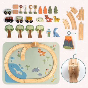 Dino Park Holzeisenbahn mit Antirutschmatte - Dinosaurier, Zug, Gleise, Vulkan, Glocke