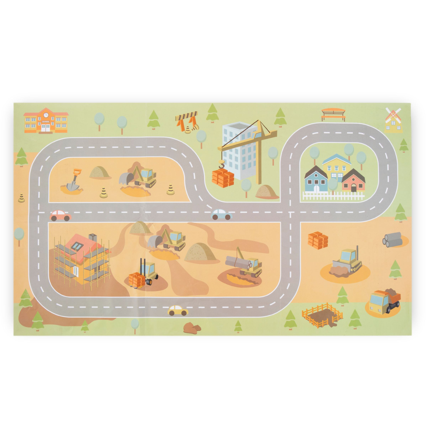 Holzbaustelle mit großem Mobilkran und Fahrzeugen, Turmkran