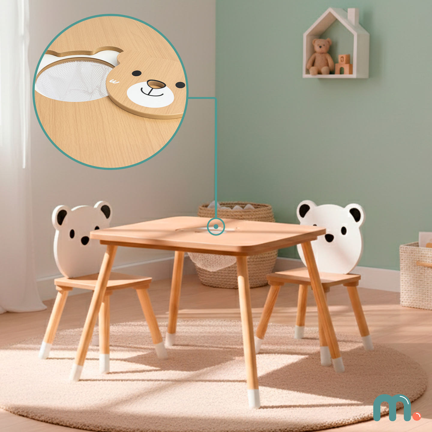 Holztisch mit Stauraum und 2 Stühlen Kinderset - Süßer Teddybär