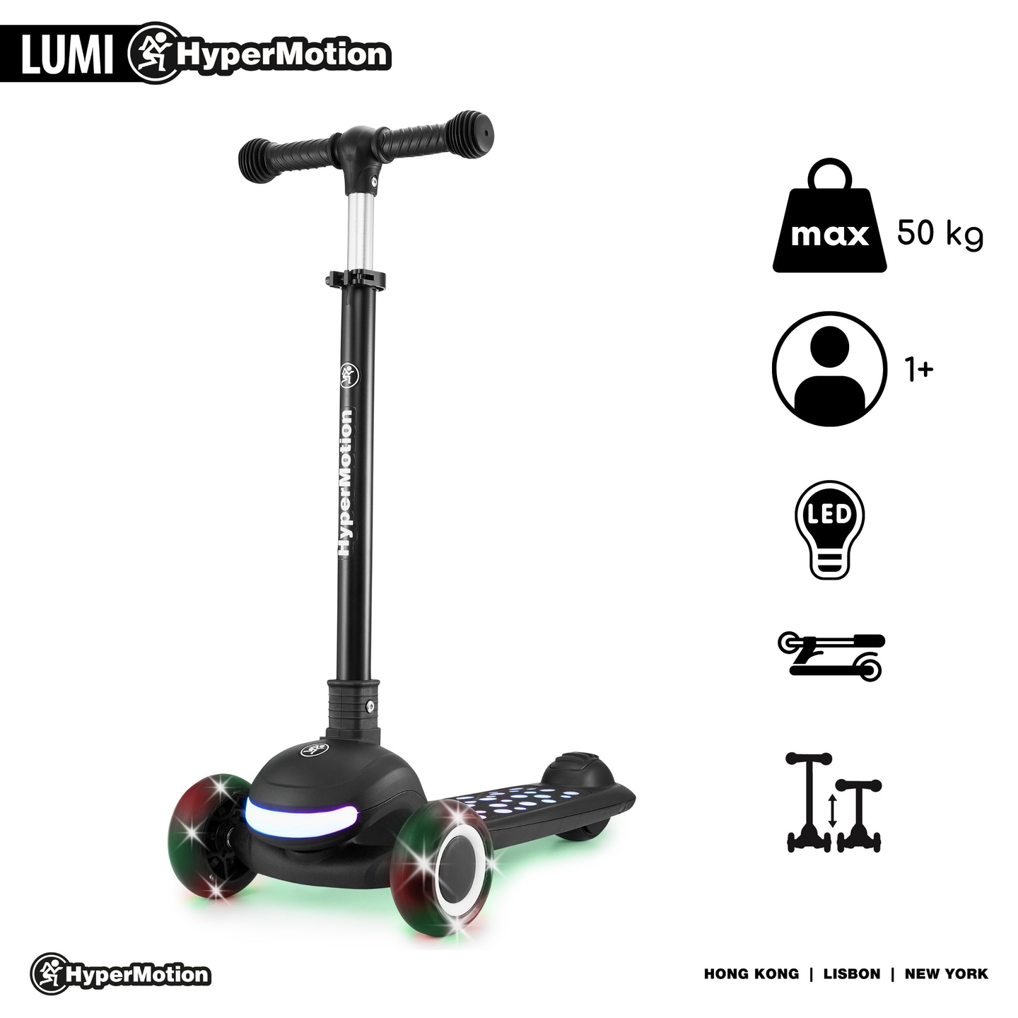 HyperMotion LUMI 3-in-1 Balance Scooter - beleuchtete Plattform und LED-Räder, Farbe schwarz
