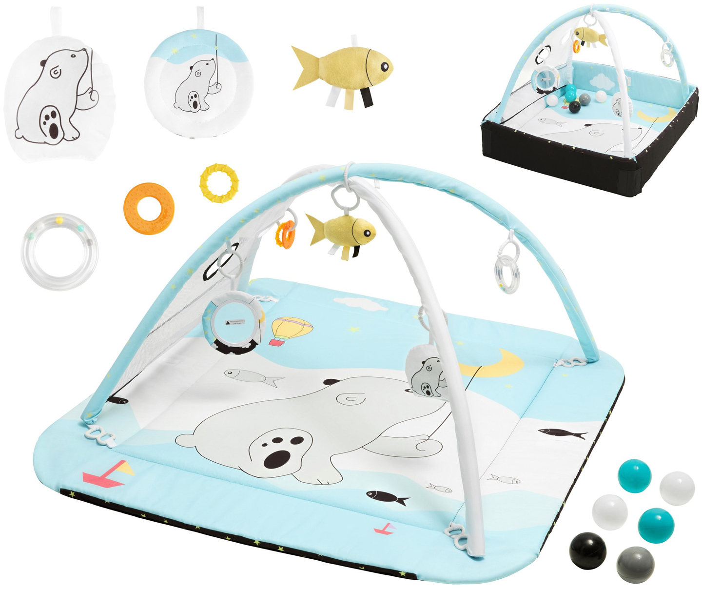 Krabbelstall + interaktive Spielmatte 5in1 mit Bällen - Moby-System BABY MAT ACTIVE GYM 0+