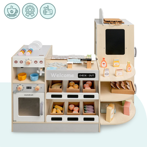 Großer XXXL-Holzladen für Kinder mit Schnellimbiss - Eckladen + Kaffeemaschine + Backofen + Kühlschrank - 106 ac.