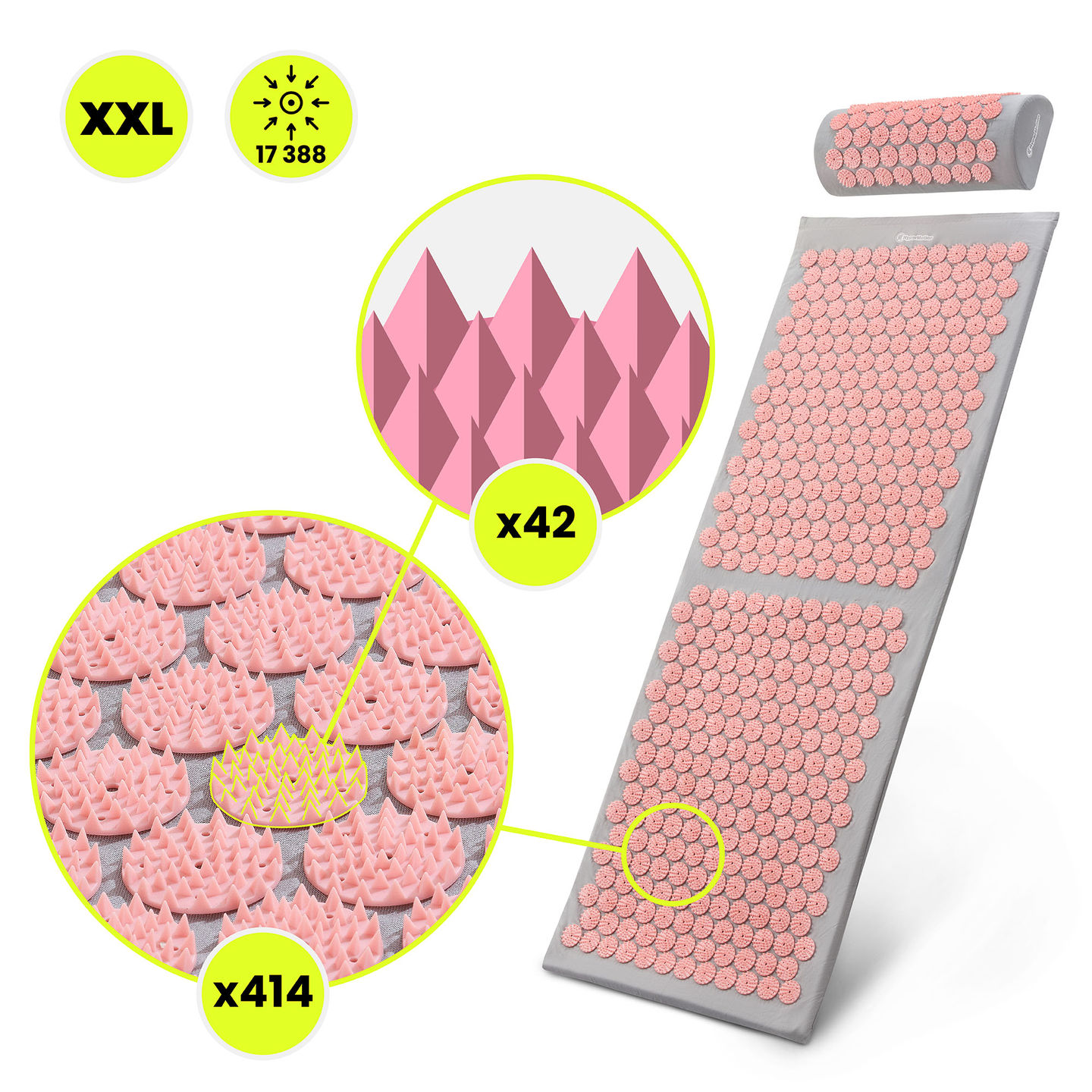Große Akupressurmatte mit Kissen und Bezug – 130 cm, HyperMotion, grau und rosa