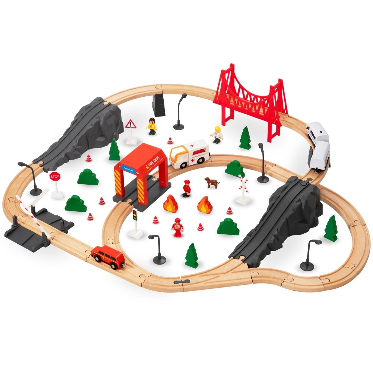 Holzeisenbahn, batteriebetriebener Zug – Feuerwehr, Gleise, Autos, Brücken, Schranke