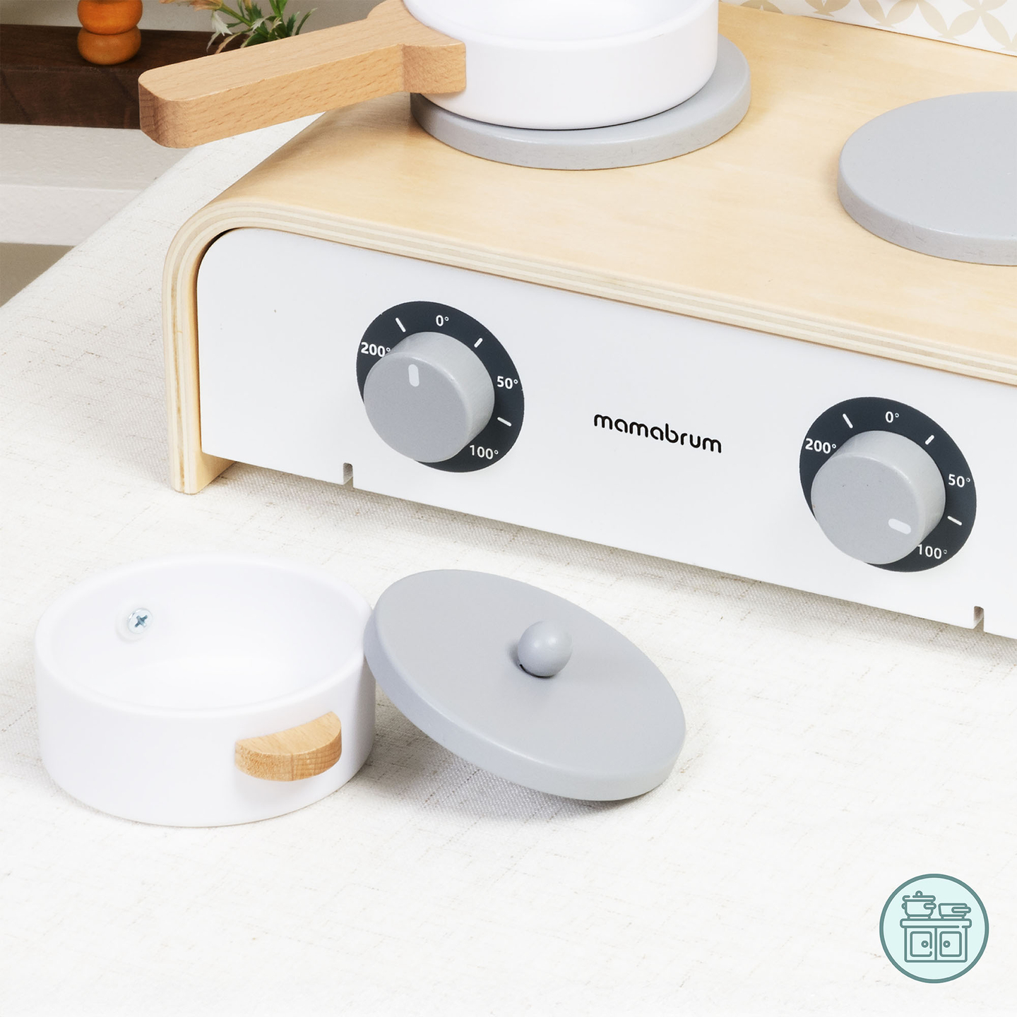 Mamabrum Klappküche aus Holz für Kinder – Set mit Töpfen, Küchenzubehör und Aufbewahrung