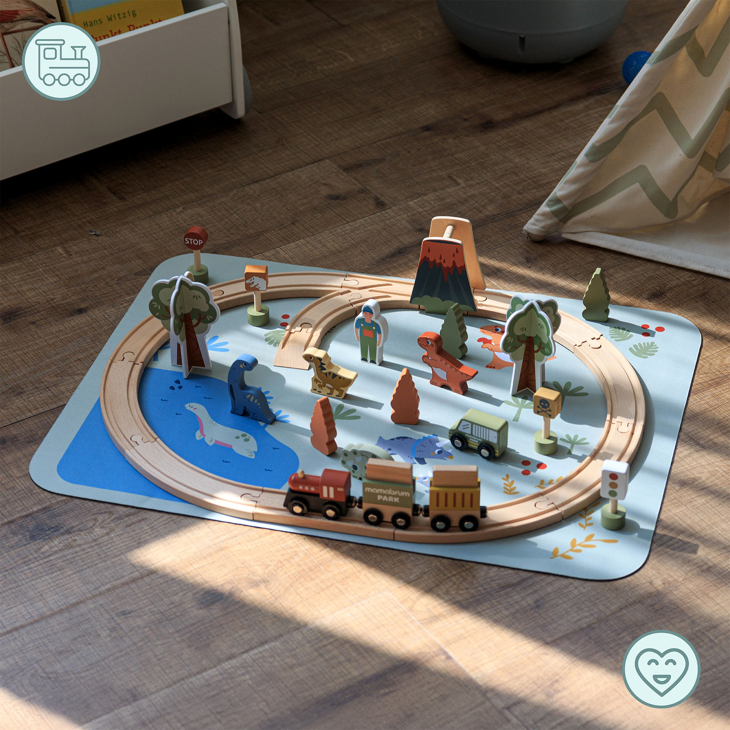 Dino Park Holzeisenbahn mit Antirutschmatte - Dinosaurier, Zug, Gleise, Vulkan, Glocke