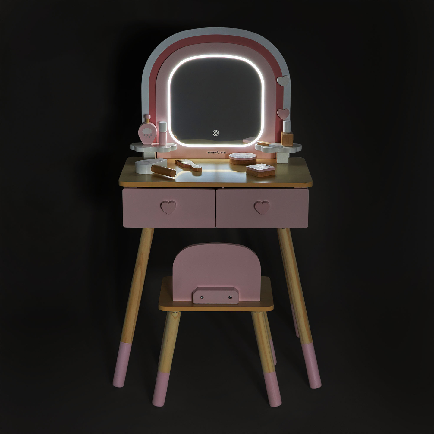 Kinderschminktisch aus Holz mit LED-Beleuchtung und stufenloser Helligkeitsregulierung, Stuhl und Zubehör