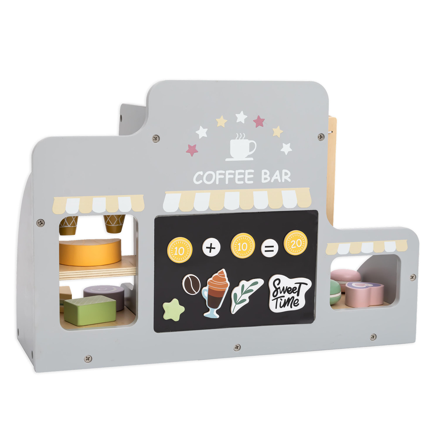 Ein großes Holzcafé und eine Eisdiele mit Magnettafel, Kaffeemaschine und Eis- und Dessertset - über 70 Teile!