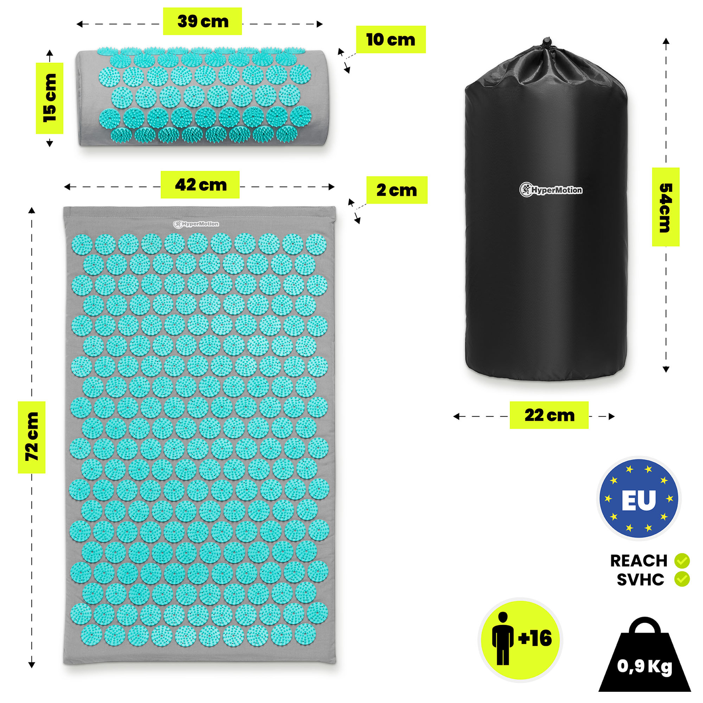 Akupressurmatte mit Kissen und Bezug - 72 cm HyperMotion grau-mint