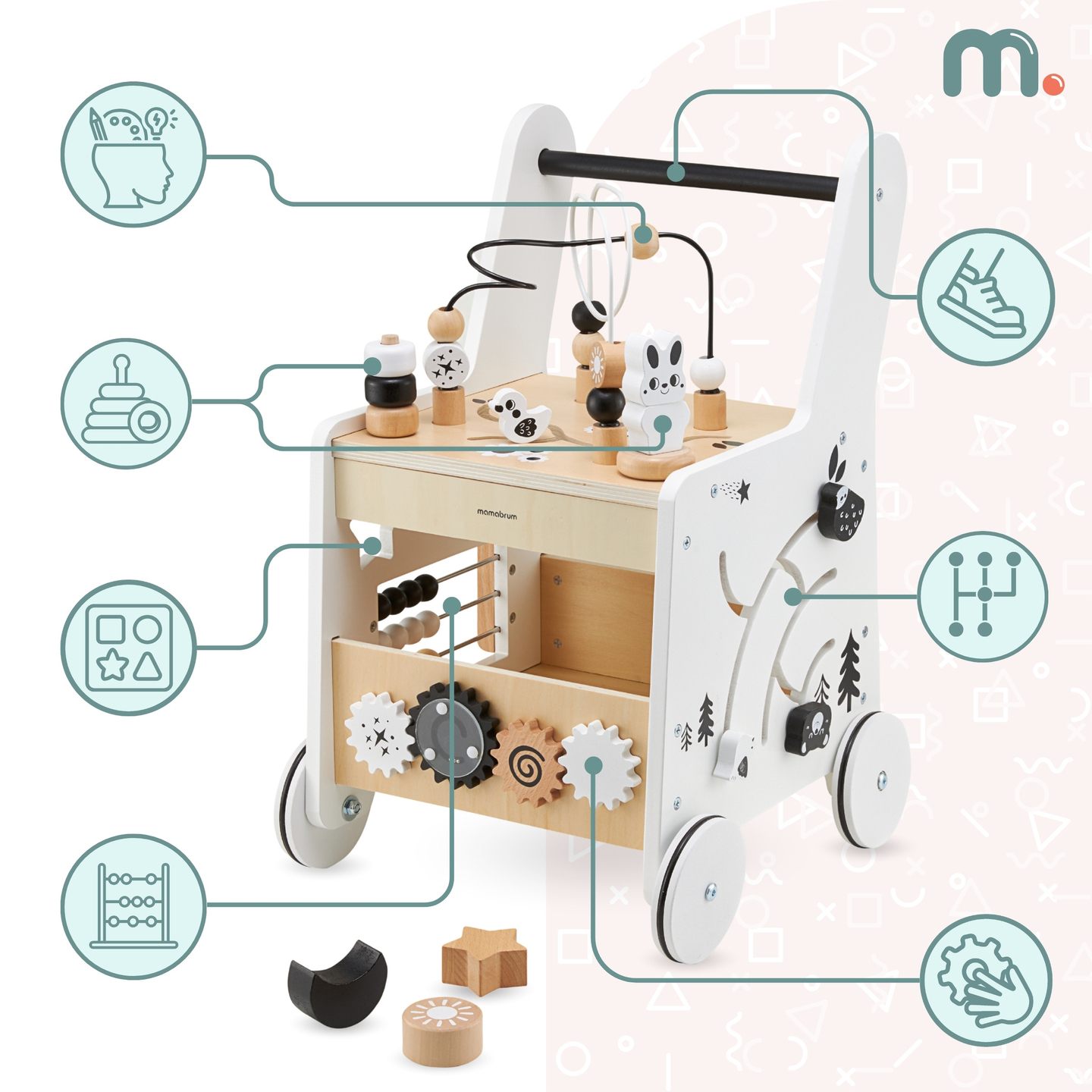 6in1 Holzkinderwagen, Lauflernwagen mit Lerntischfunktion