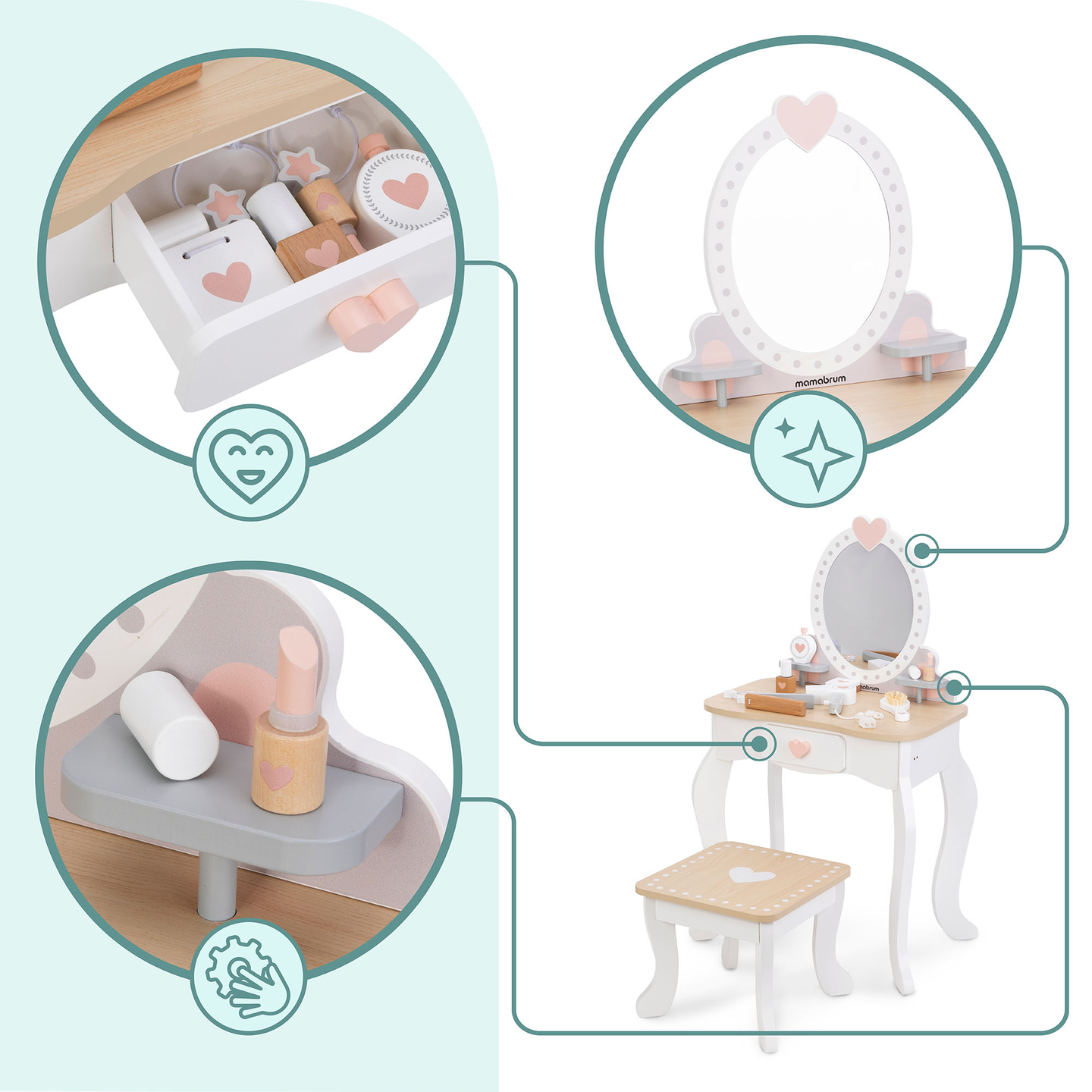 Frisiertisch aus Holz mit Hocker und Zubehör