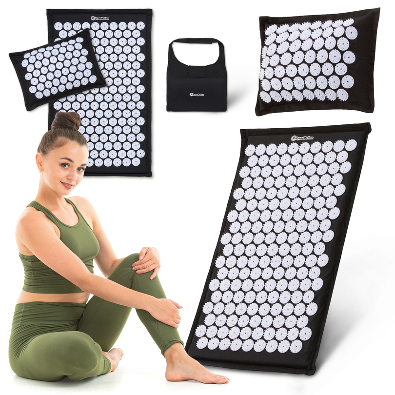 ECO Leinen-Akupressurmatte mit Kokosfaser- und Buchweizenkissen – 68 cm HyperMotion Schwarz-Weiß