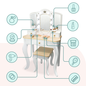 XXL-Holzfrisiertisch mit Hocker und LED-Beleuchtung für Kinder + Zubehör