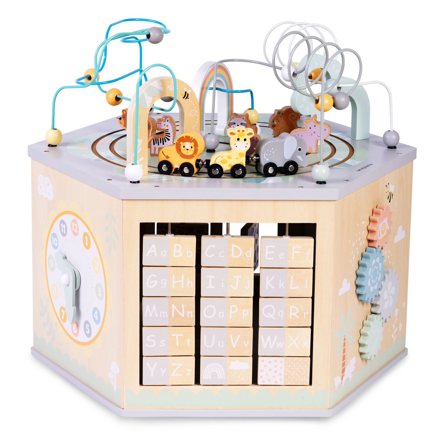 Großer Lernwürfel aus Holz – ein Montessori-Spielzeug mit Magnetzug und Motorschleifen