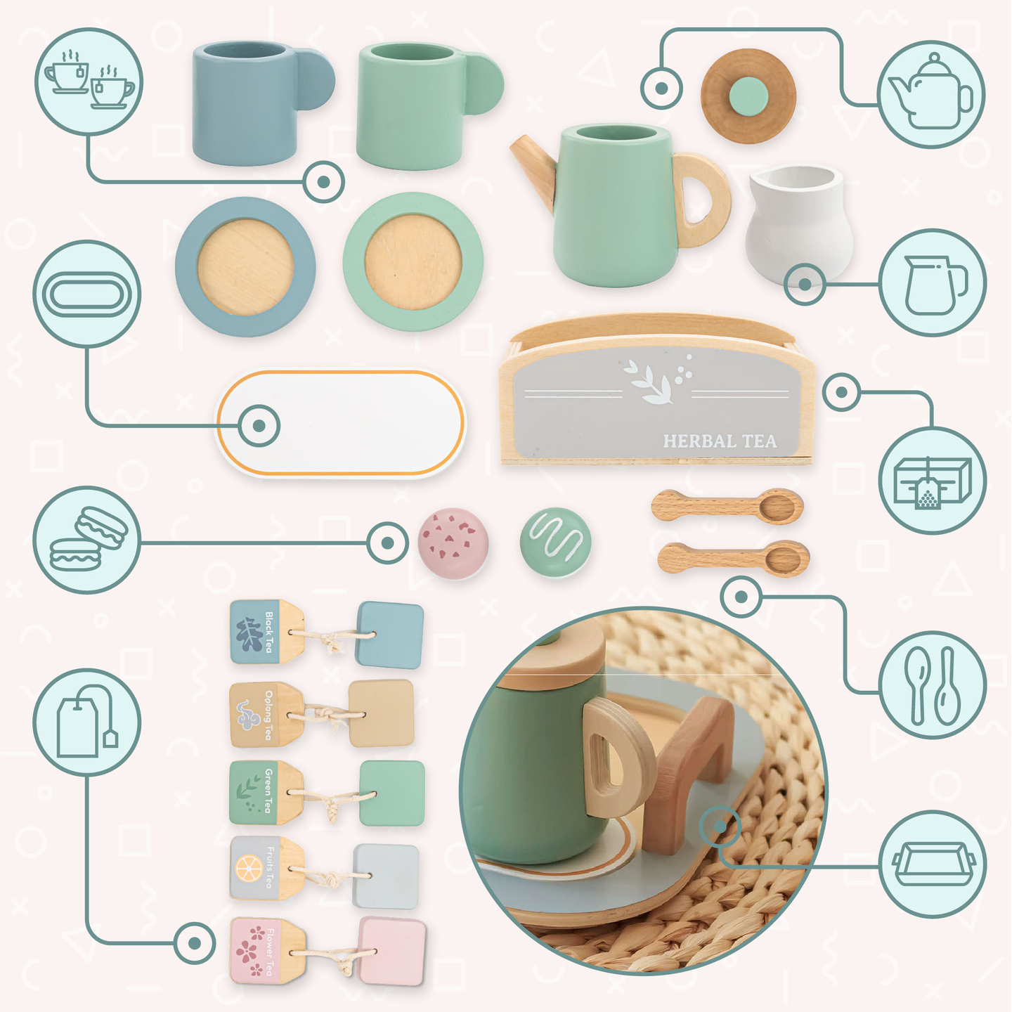 Großes Holzteeset mit Tablett - 18 Stück