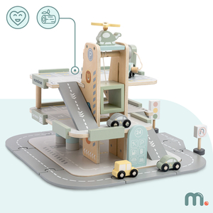 Dreistöckige Holzgarage für Kinder mit Zubehör – Parkplatz, Tankstelle, Autowaschanlage, Hubschrauber