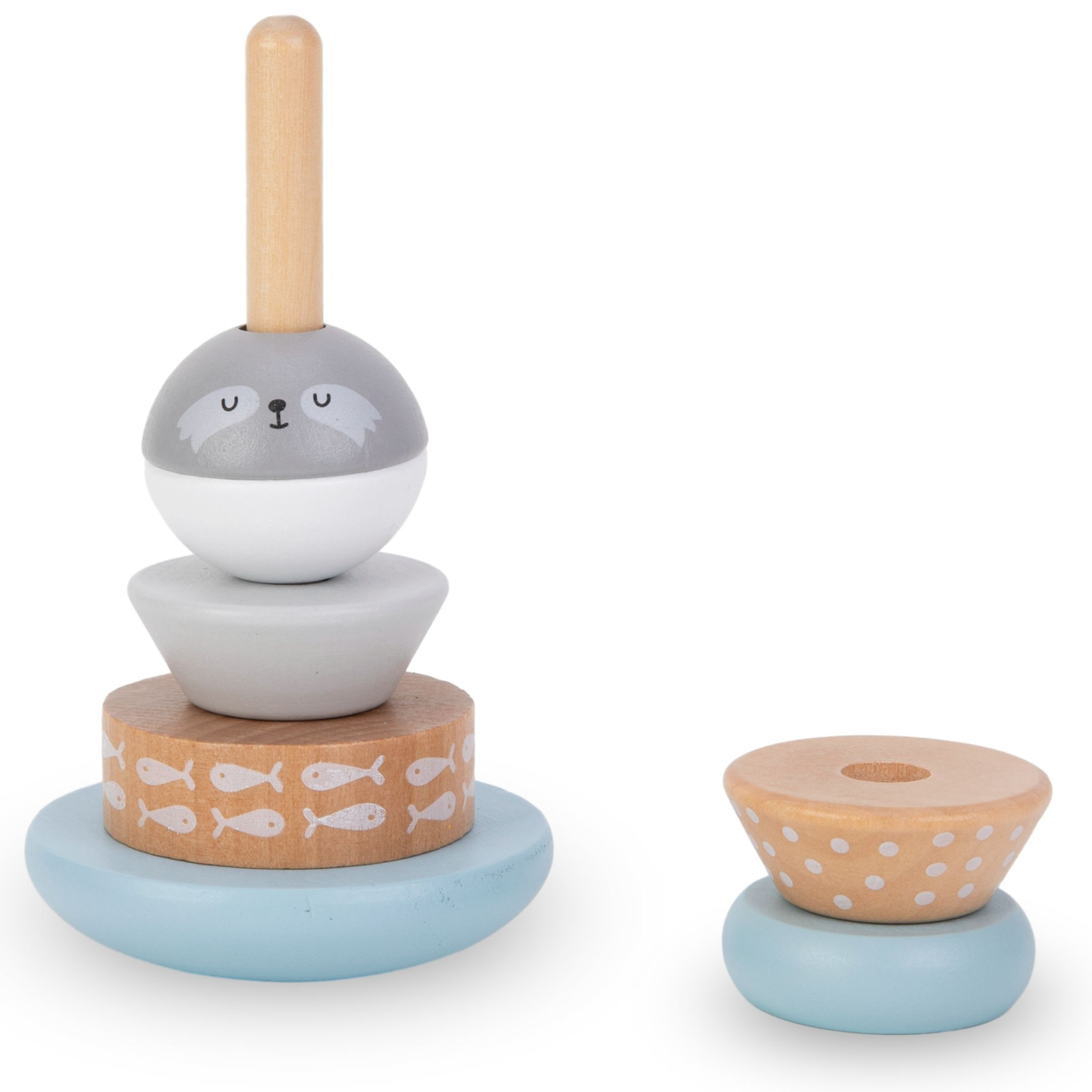 Set mit Holzspielzeug - buntes Geflecht, Robbenpyramide, Teddybärensortierer