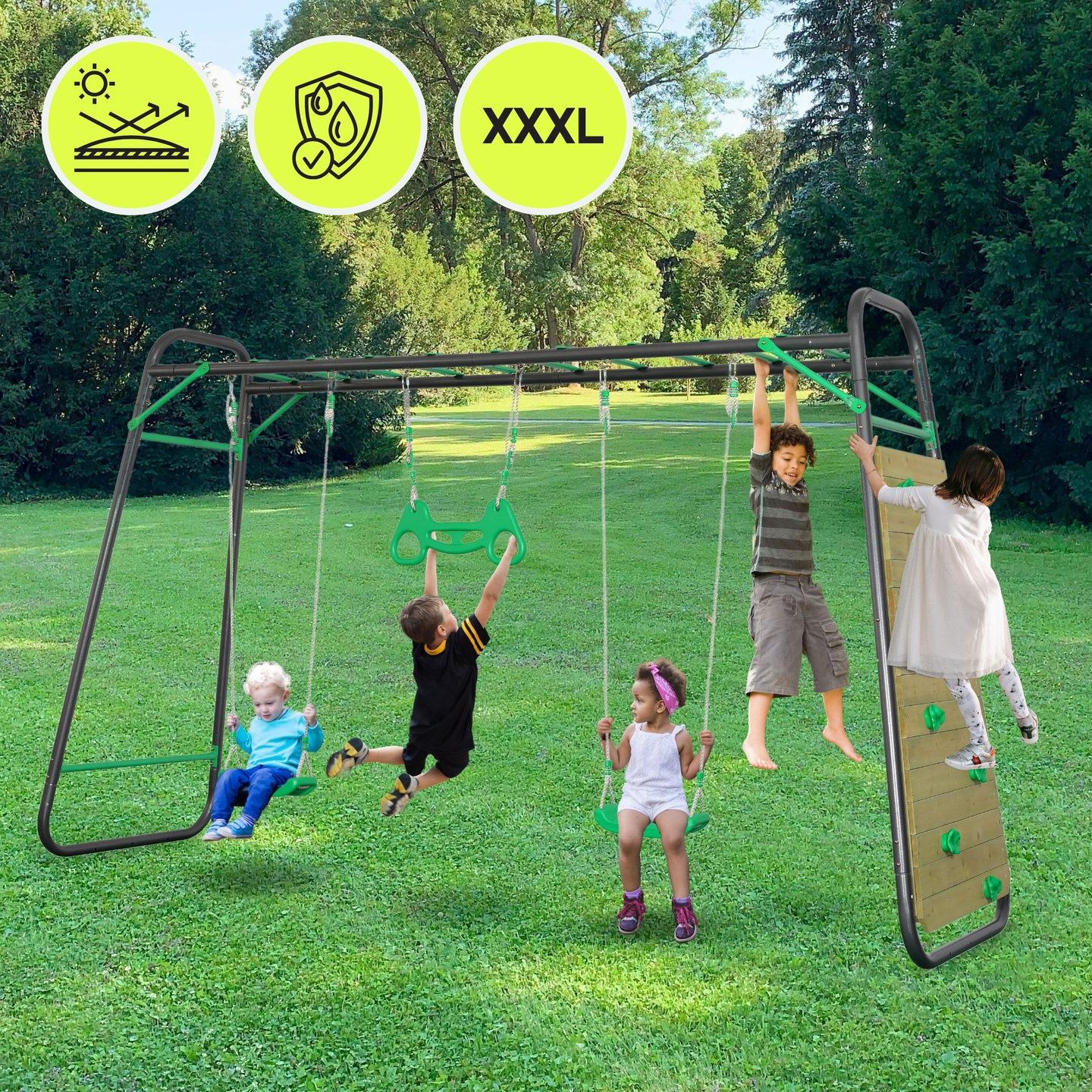 XXXL Stahl-Gartenschaukel - 2 Sitze, Leiter, Gymnastik-Trapez, Kletterwand