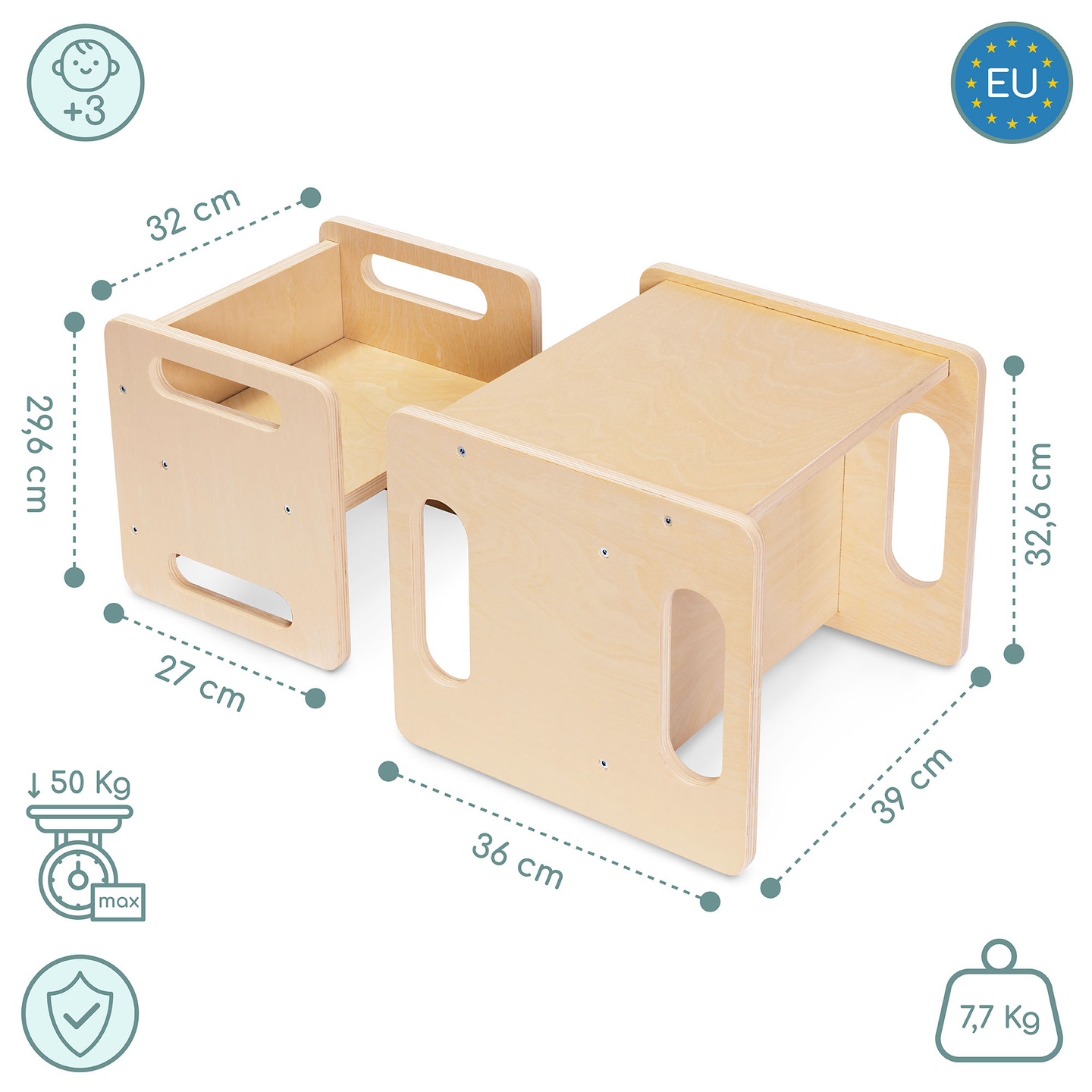 Holztisch und Stuhl mit Trittsteinfunktion – ein multifunktionales Montessori-Set für Kinder